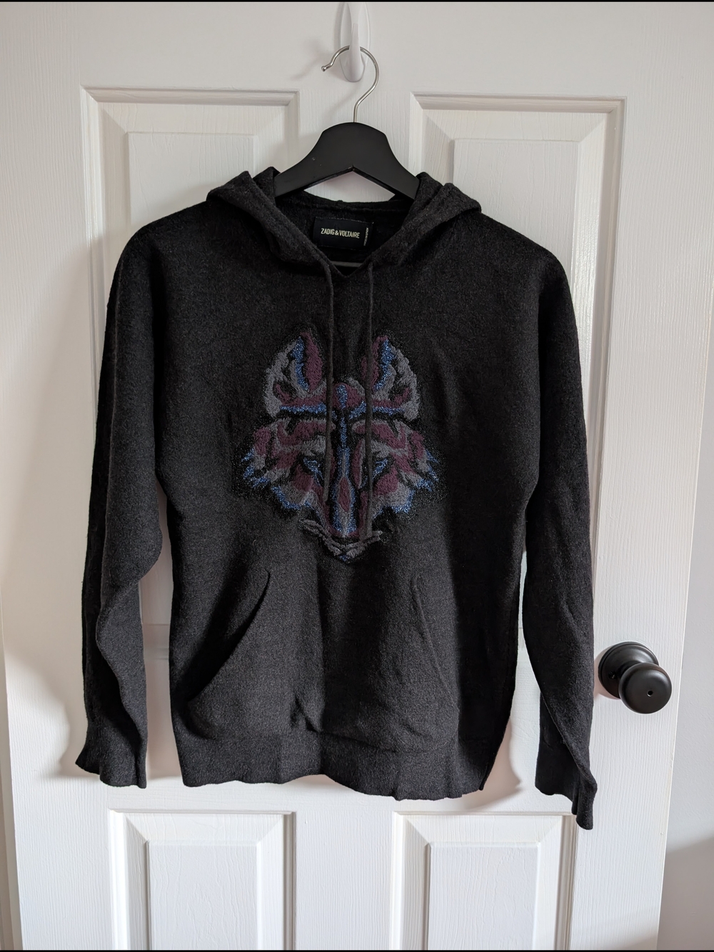 Zadig & Voltaire Men's Dark Gray Hoodie Embroidered Wolf Merino Wool Small